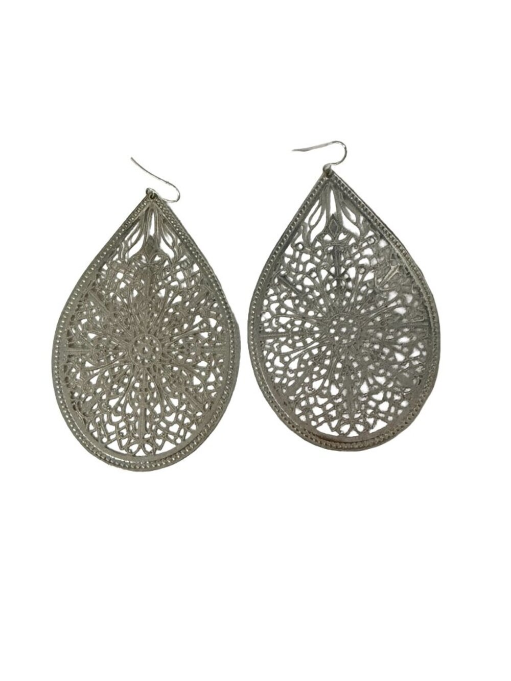 Large Silver Tone Filigree Teardrop Earrings 3" Mandala Boho Statement Dangle